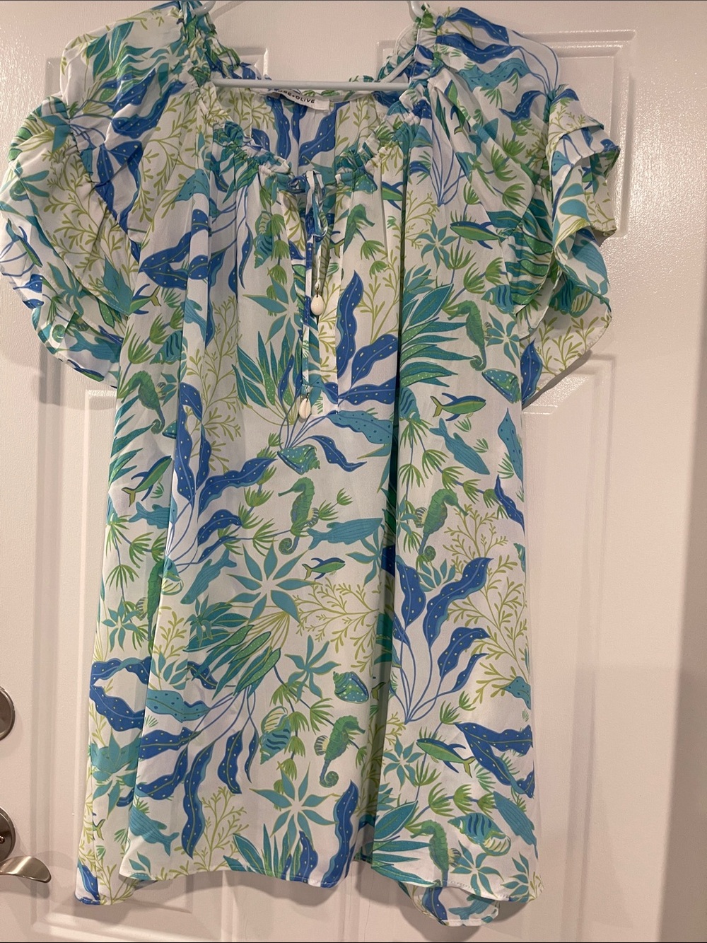 Rose & Olive Blue and Green Floral Peasant Top